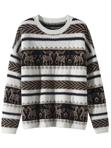 Women Cashmere Round Neck Jacquard Deer Pattern Sweater