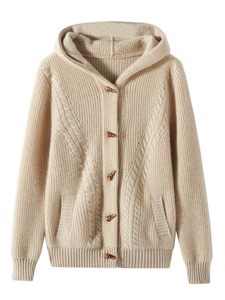 Women Cashmere Hooded Cardigan with Horn Button
