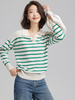 Women Cashmere Polo Neck Horizontal Stripes Sweater