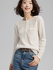 Women Cashmere Roud Neck Ribbed Sweater with Half Buttons
