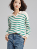 Women Cashmere Polo Neck Horizontal Stripes Sweater