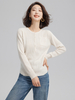 Women Cashmere Roud Neck Ribbed Sweater with Half Buttons
